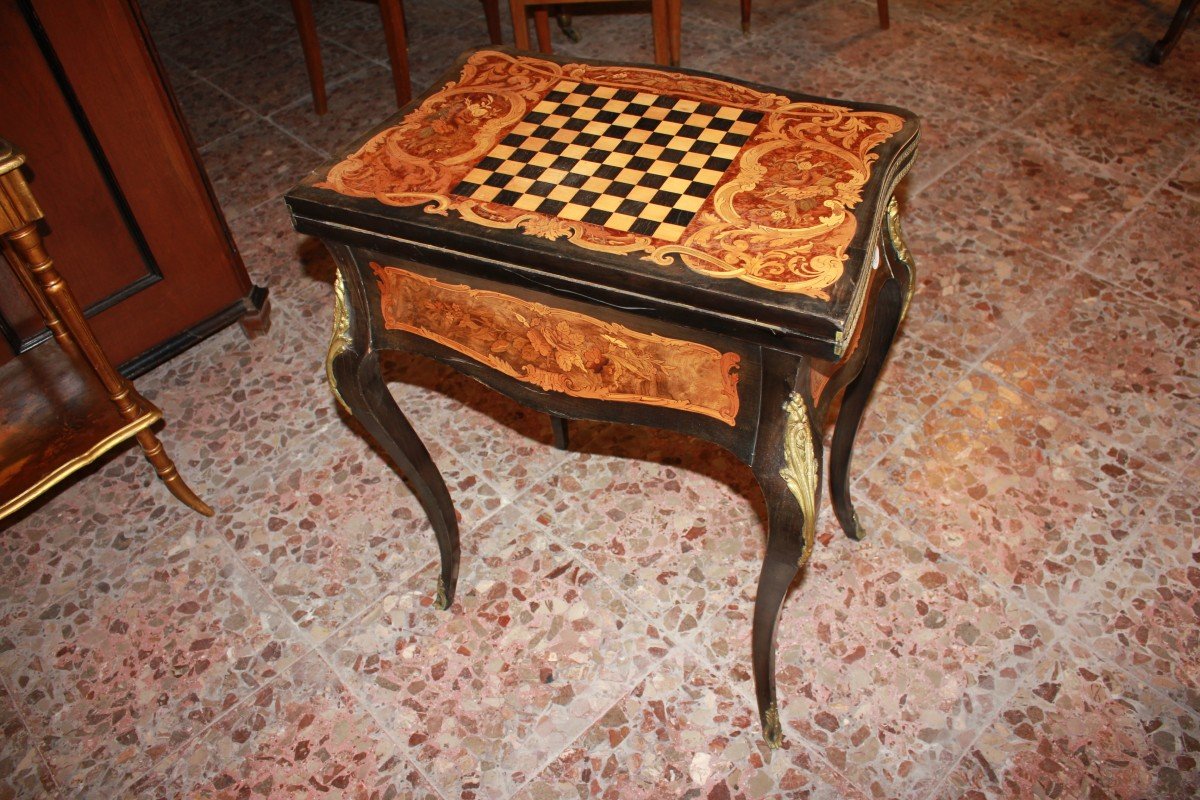 Precious French Card Table In Ebony And Elm Burl Wood-photo-4