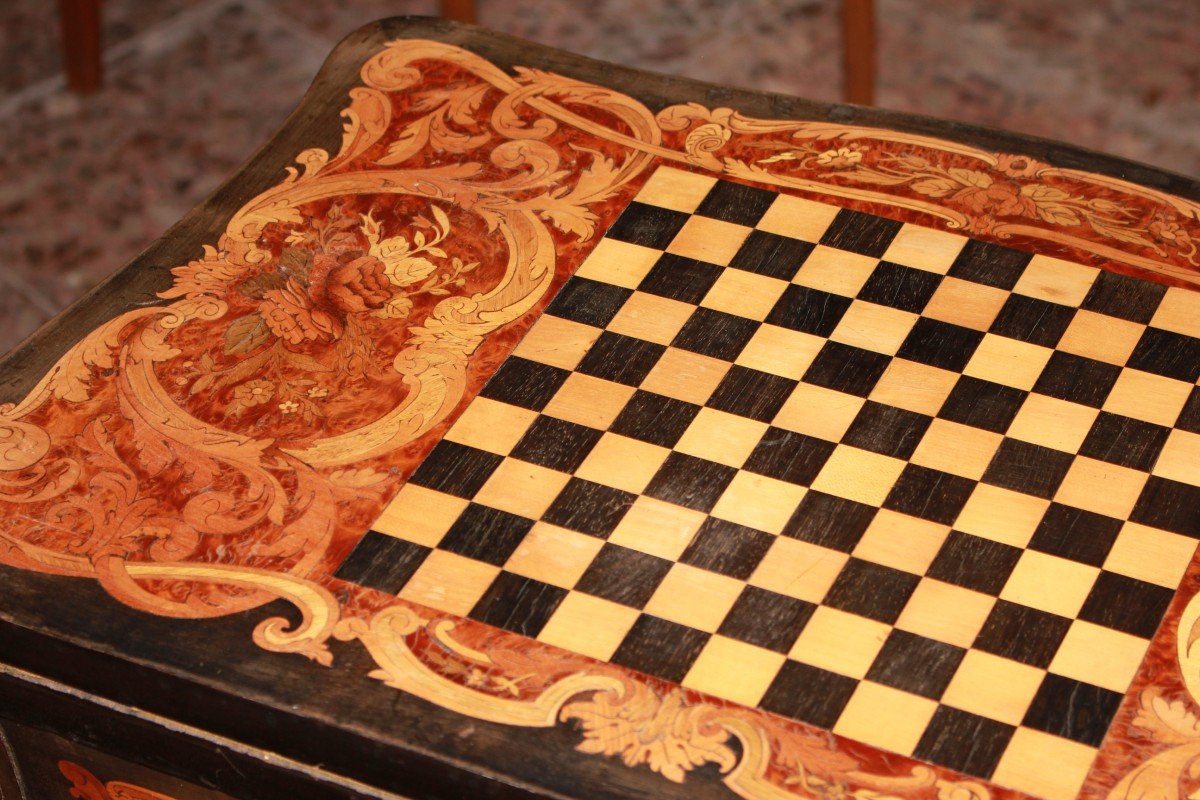 Precious French Card Table In Ebony And Elm Burl Wood-photo-5