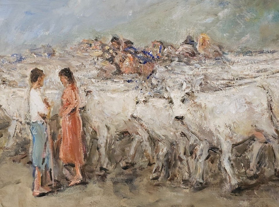 Oil On Canvas By Gaetano Bocchetti (1888-1990) – Depicting Pasture With Figures-photo-4