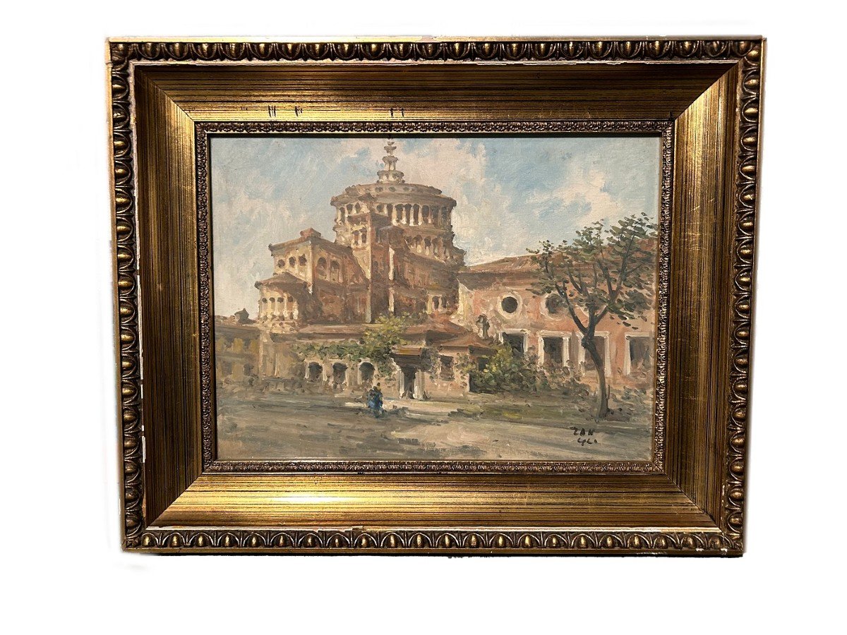 Pair Of Oil On Panel Italian Paintings Signed By Fortunato Zangli (1899-1972) Views Of Milan