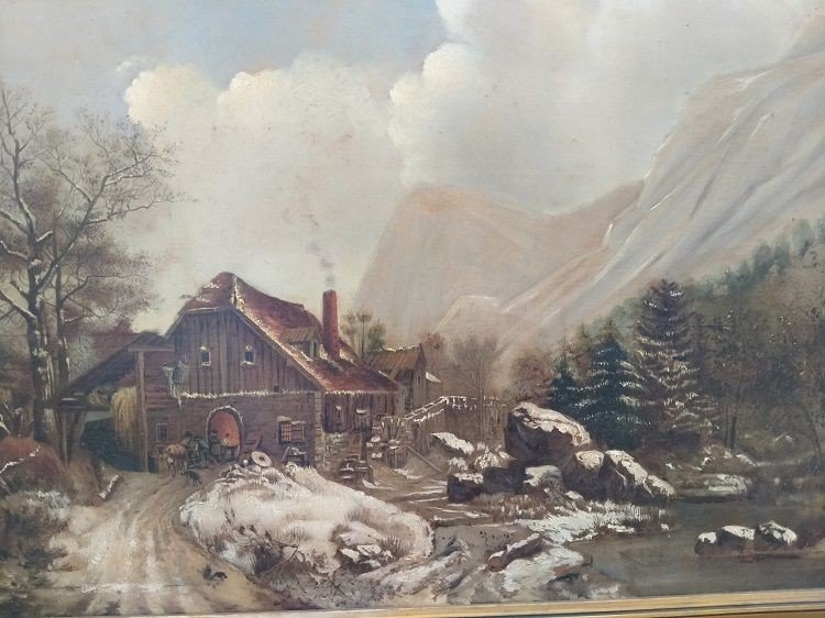 Oil On Panel Depicting A Snowy Landscape With A Watermill, Figures At Its Entrance And Mountain-photo-2