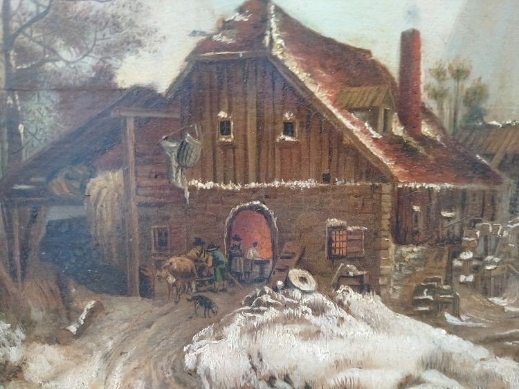 Oil On Panel Depicting A Snowy Landscape With A Watermill, Figures At Its Entrance And Mountain-photo-3