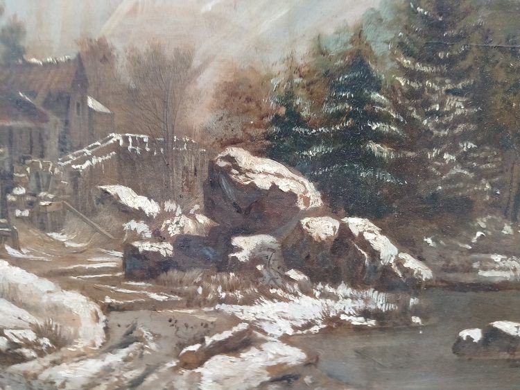 Oil On Panel Depicting A Snowy Landscape With A Watermill, Figures At Its Entrance And Mountain-photo-4