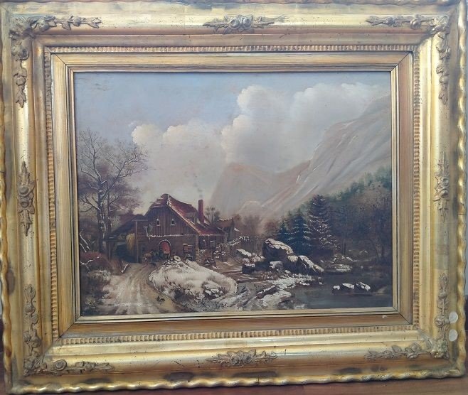 Oil On Panel Depicting A Snowy Landscape With A Watermill, Figures At Its Entrance And Mountain