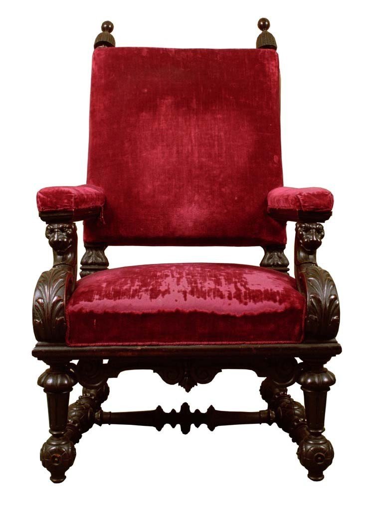 Pair Of High Chair Armchairs In Carved Walnut; Under The Armrests Are Depicted Griffins