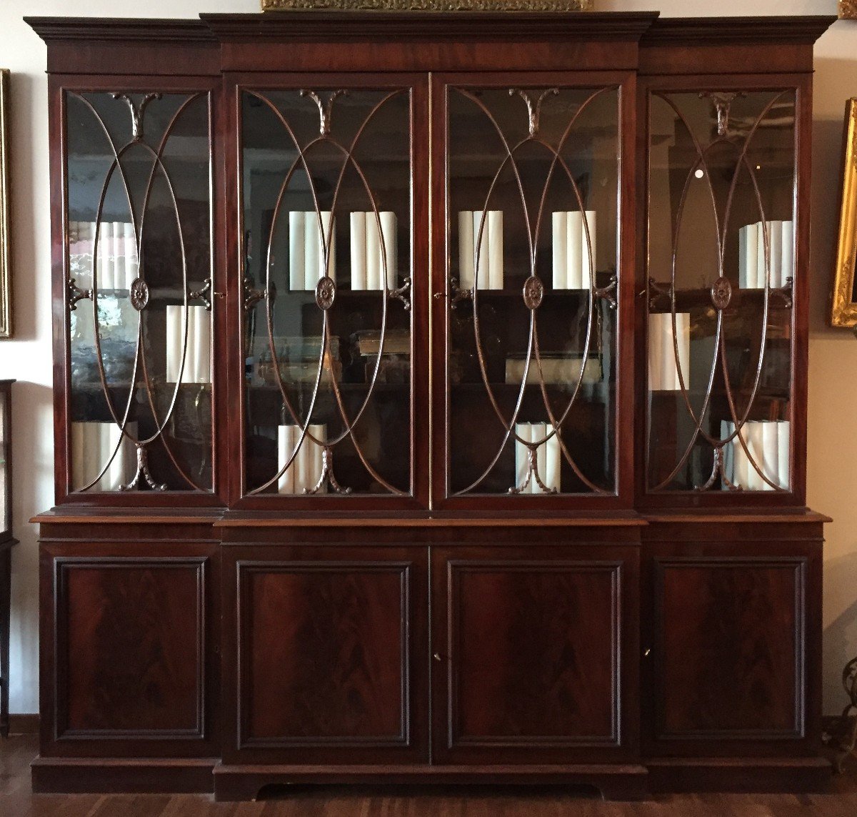 Large Mahogany Bookcase With Four-door Base And Four-door Glass Shelf