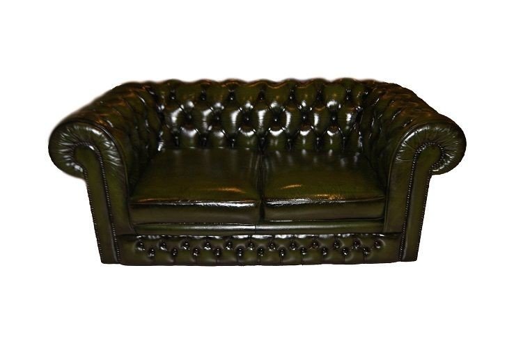 Beau Canapé Chesterfield Ancien De 1950 2 Places En Cuir Vert-photo-2