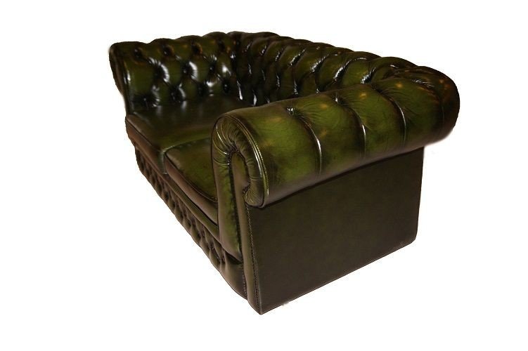 Beau Canapé Chesterfield Ancien De 1950 2 Places En Cuir Vert-photo-3