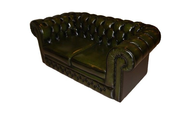 Beau Canapé Chesterfield Ancien De 1950 2 Places En Cuir Vert