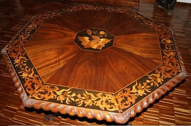 Octagonal Walnut Table Of Exceptional Quality, Given The Skill With Which The Inlay Of Floral-photo-2