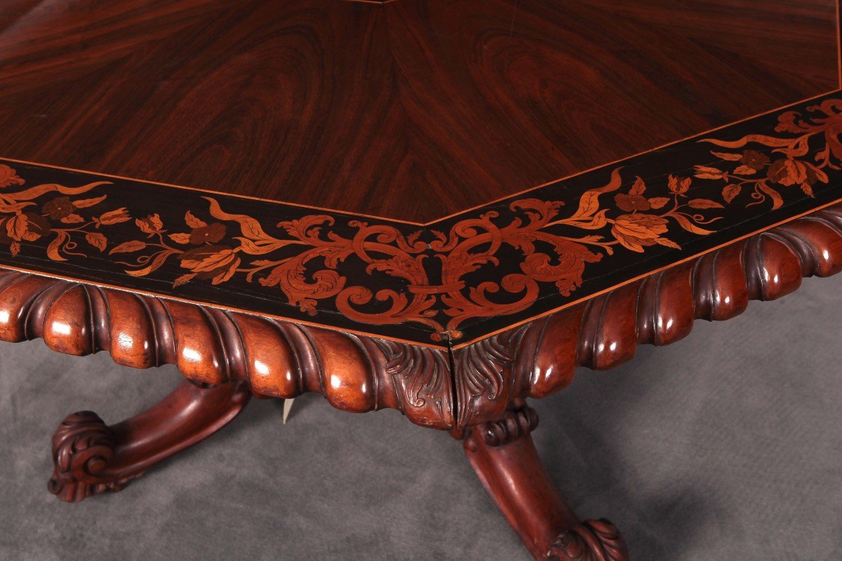 Octagonal Walnut Table Of Exceptional Quality, Given The Skill With Which The Inlay Of Floral-photo-2