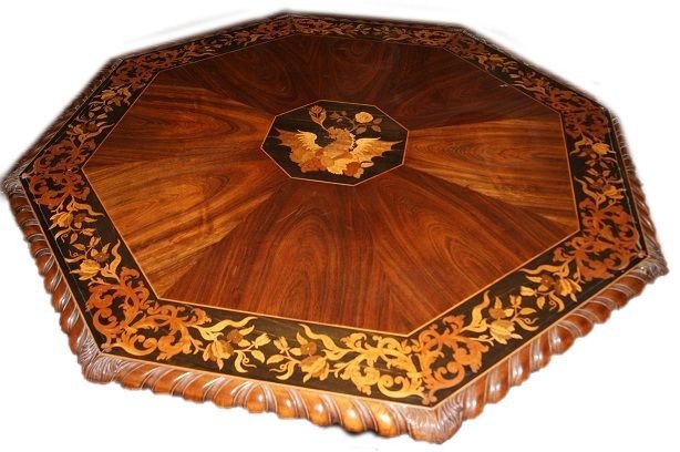 Octagonal Walnut Table Of Exceptional Quality, Given The Skill With Which The Inlay Of Floral