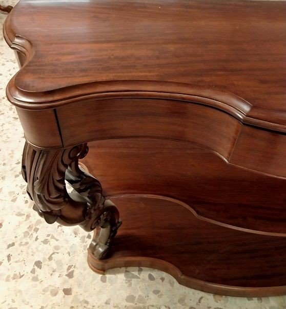 Large Mid-1800s Louis Philippe Style Mahogany Console With Richly Carved Columns Also Features -photo-2