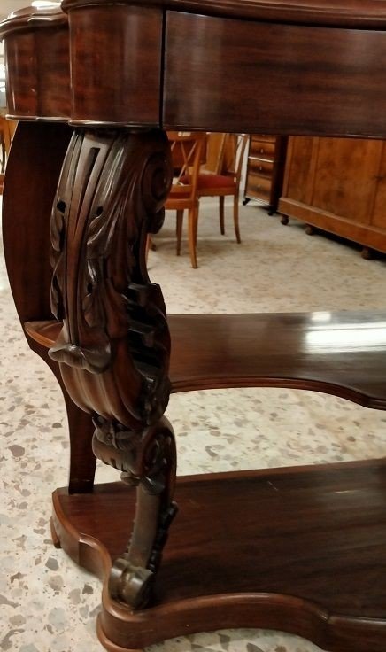 Large Mid-1800s Louis Philippe Style Mahogany Console With Richly Carved Columns Also Features -photo-3