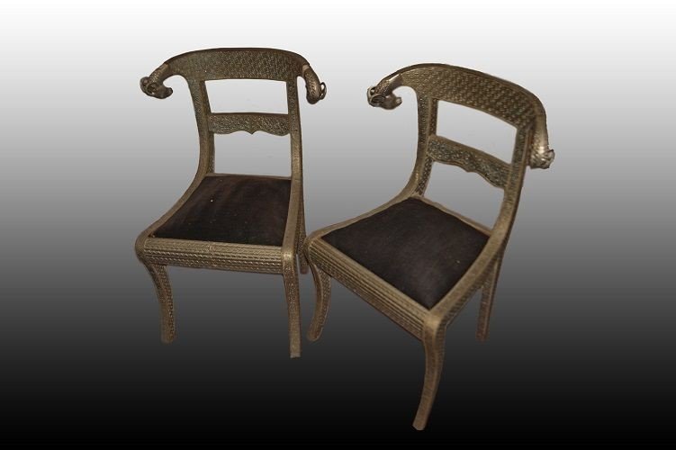 Group Of 4 Indian Chairs From The Early 1900s Entirely In Wood Covered With Bronzed Metal With 