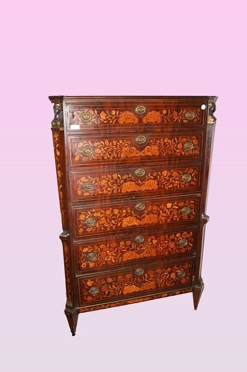 Dutch Septet From The Late 1700s, Empire Style, In Mahogany Wood. It Features Front And Side In