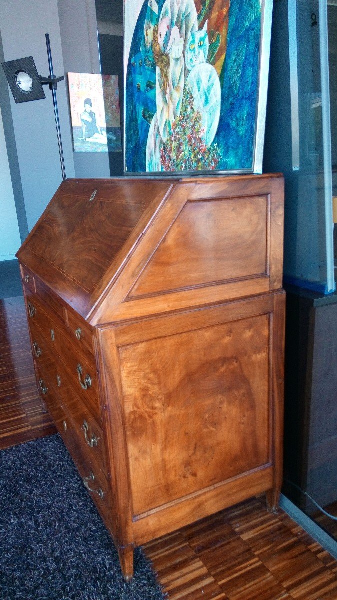 Large French Flap In Walnut And Flamed Walnut, Composed In The Lower Part Of Three Large Drawer-photo-2