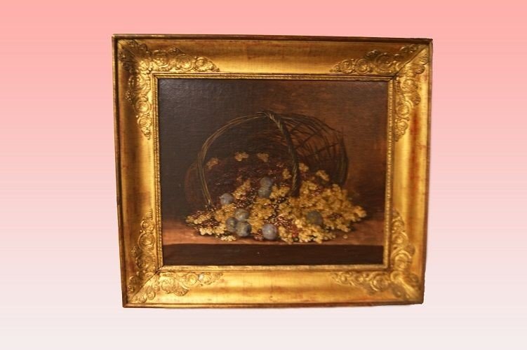 Beautiful Oil On Canvas French Still Life From The Mid 1800s Depicting An Overturned Basket Of 