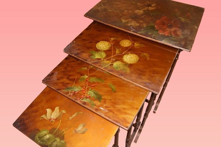 Group Of Antique Art Nouveau Nest Side Tables With Painted Flowers From The 1800s-photo-2