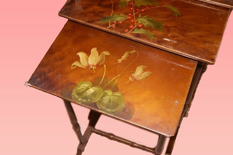 Group Of Antique Art Nouveau Nest Side Tables With Painted Flowers From The 1800s-photo-3