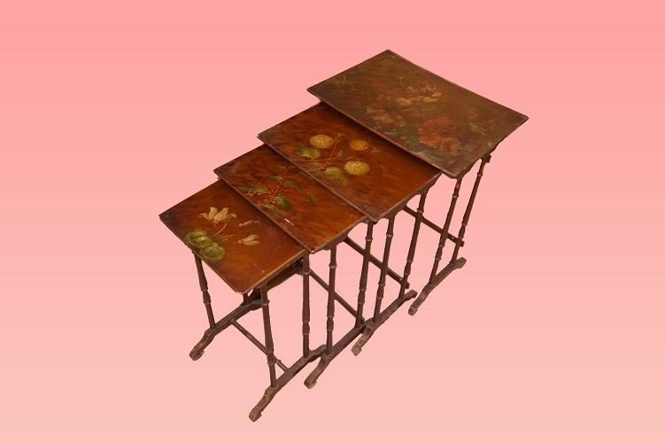 Group Of Antique Art Nouveau Nest Side Tables With Painted Flowers From The 1800s