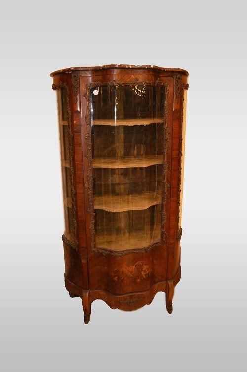 Ancient Louis XV Style Vernis Martin Display Cabinet With Marble And Bronze Inlays-photo-3