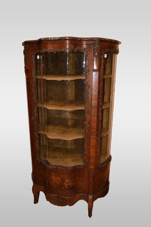 Ancient Louis XV Style Vernis Martin Display Cabinet With Marble And Bronze Inlays