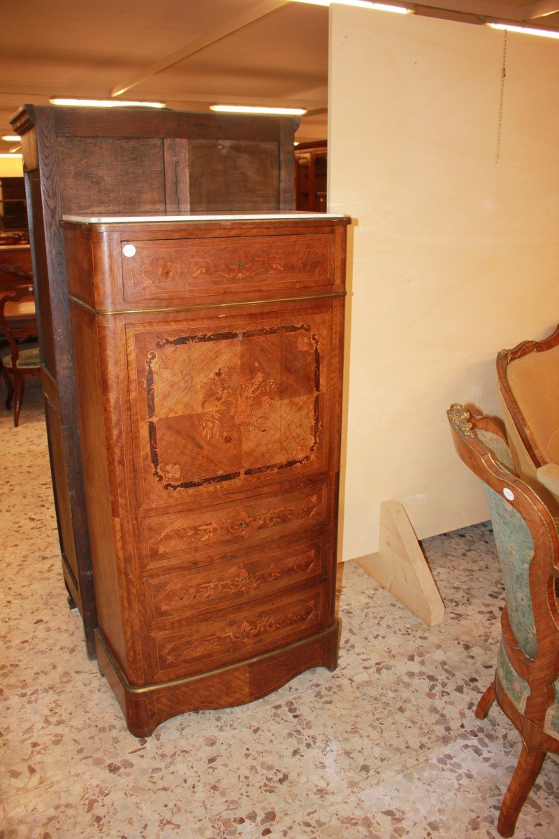 19th Century French Transition Style Secretaire Desk Chest, Richly Inlaid