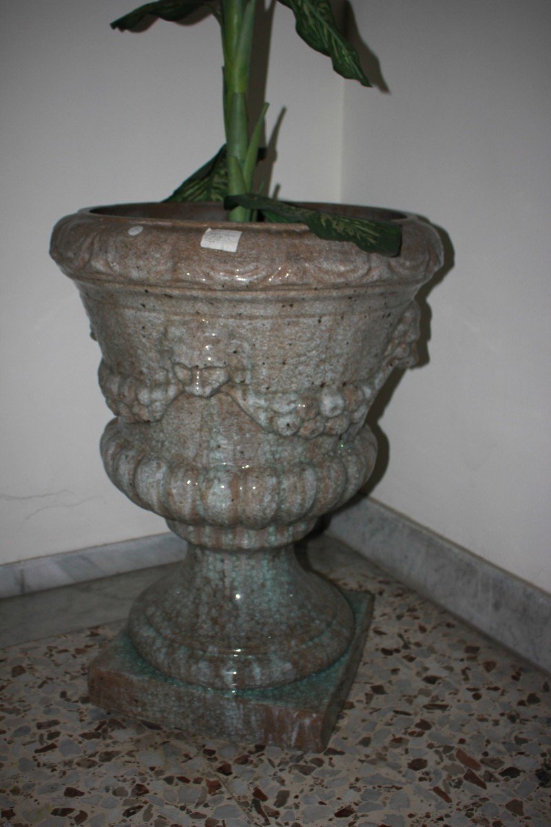 Paire De Grands Vases Kratère En Terre Cuite émaillée, Début 1900-photo-2