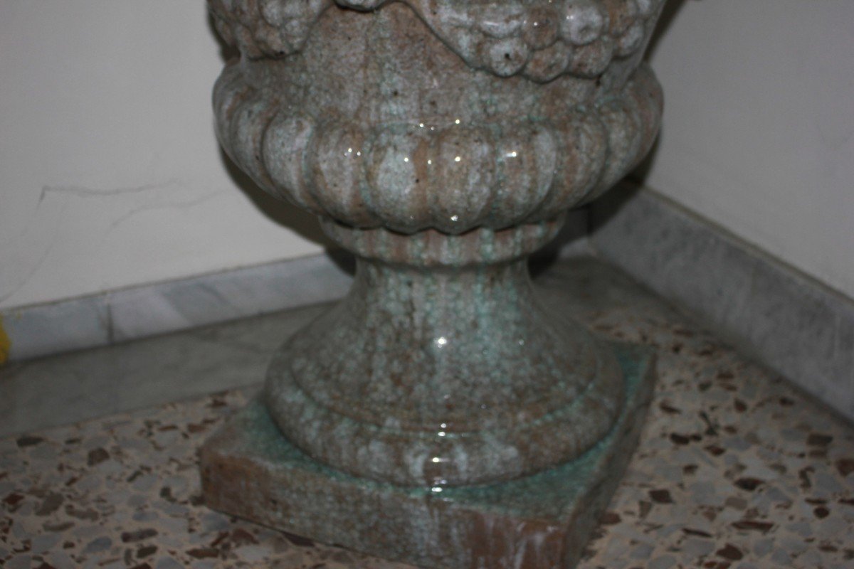 Paire De Grands Vases Kratère En Terre Cuite émaillée, Début 1900-photo-4