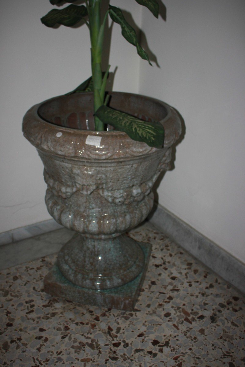 Pair Of Large Glazed Terracotta Krater Vases, Early 1900s