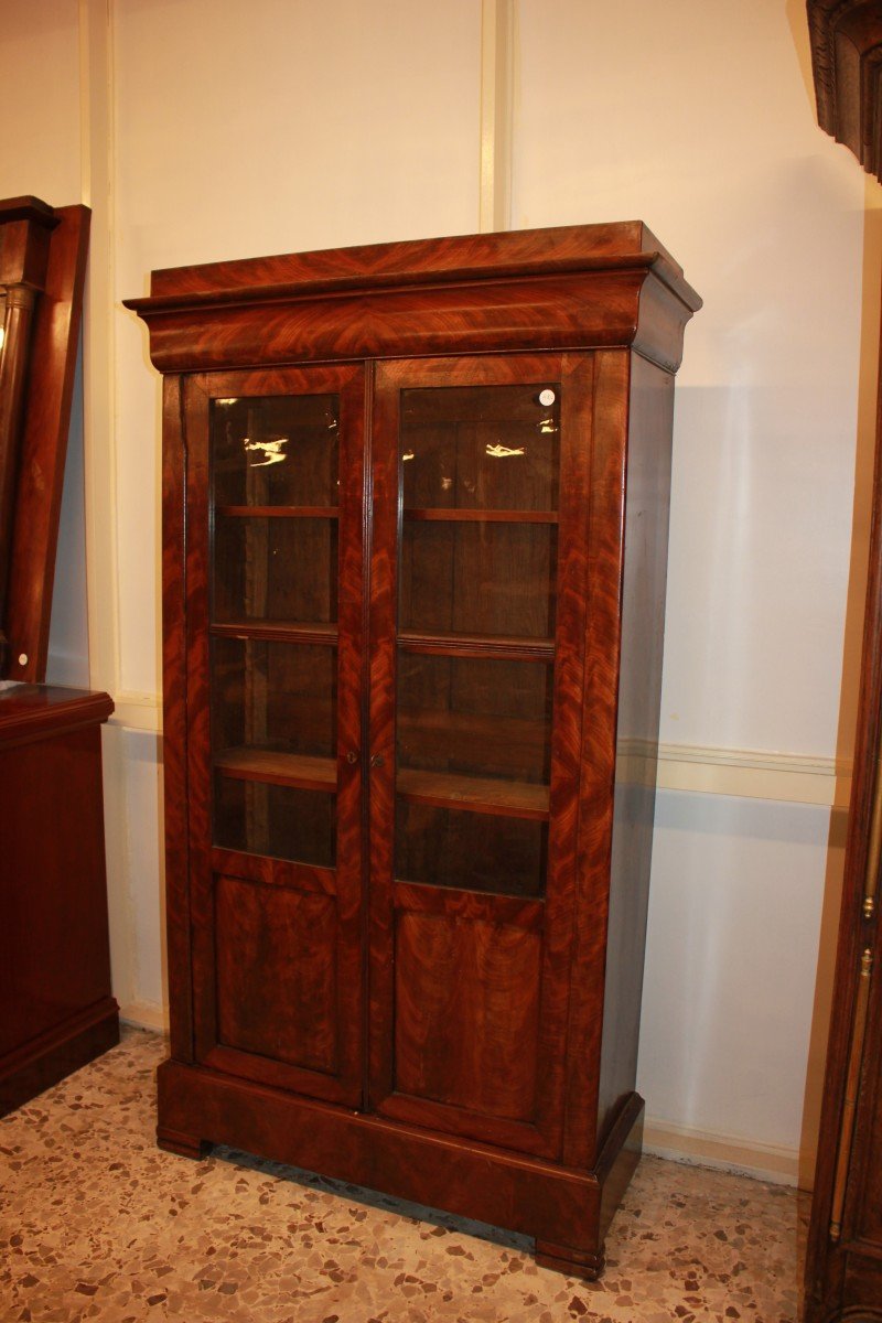 French Two-door Bookcase Cabinet In Mahogany And Mahogany Feather Veneer, Directoire Style-photo-4