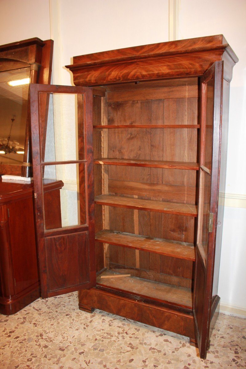 French Two-door Bookcase Cabinet In Mahogany And Mahogany Feather Veneer, Directoire Style-photo-1