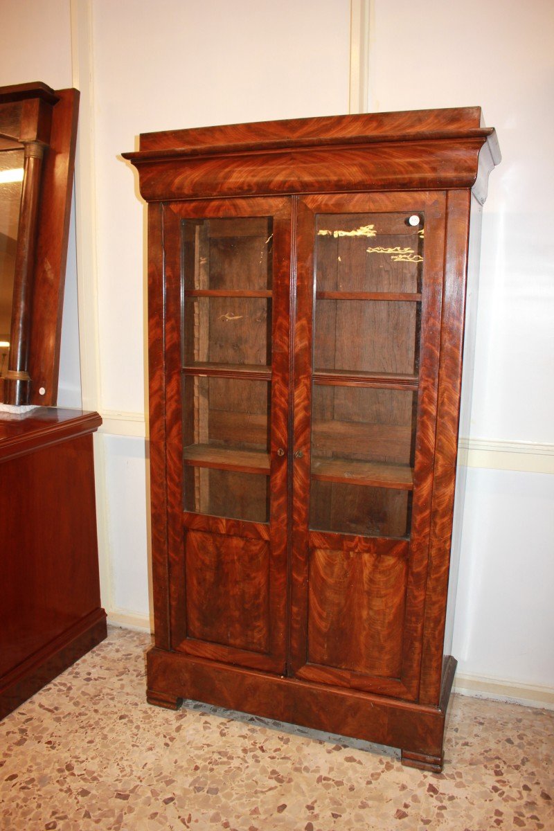 French Two-door Bookcase Cabinet In Mahogany And Mahogany Feather Veneer, Directoire Style