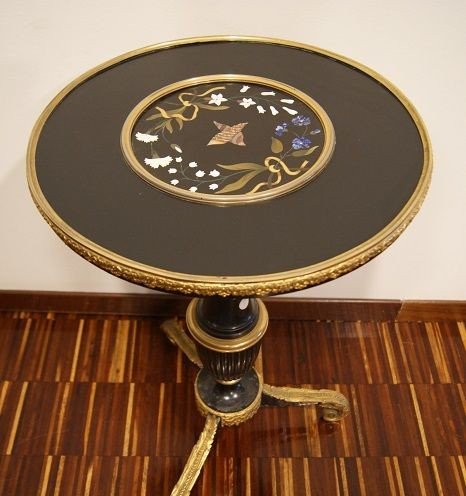 Circular-shaped French Coffee Table, In Ebonized Wood, With Semi-precious Semi-precious Stone -photo-2