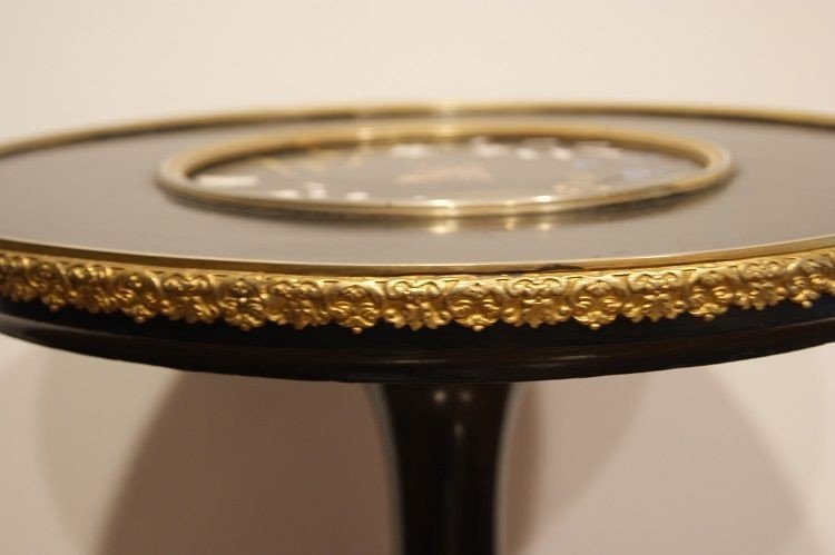 Circular-shaped French Coffee Table, In Ebonized Wood, With Semi-precious Semi-precious Stone -photo-4