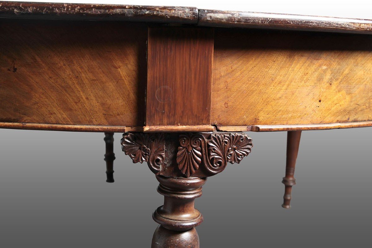 Circular Table In Mahogany And Mahogany Feather With Six Legs, Very Extendable Diameter When Cl-photo-2