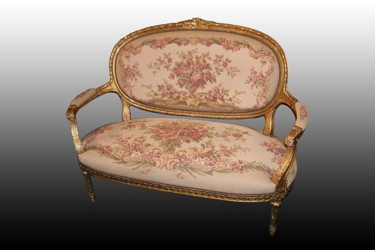 French Living Room From The 2nd Half Of The 1800s, Louis XVI Style, In Wood Gilded With Gold Le-photo-2