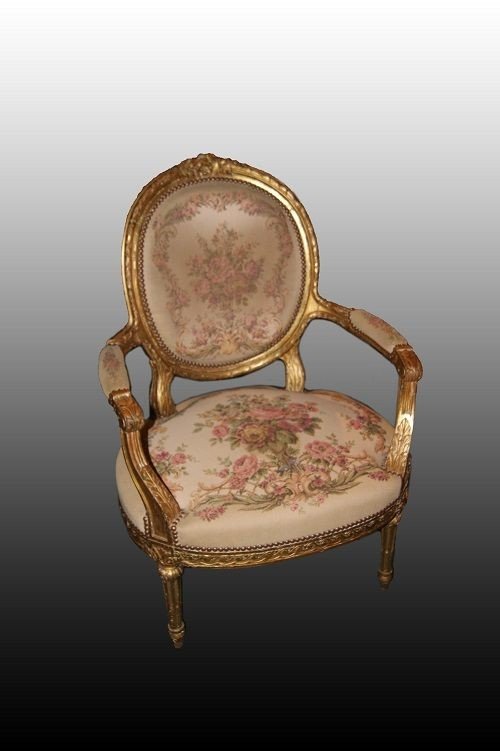 French Living Room From The 2nd Half Of The 1800s, Louis XVI Style, In Wood Gilded With Gold Le-photo-3