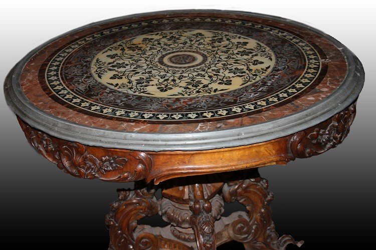 Stunning French Circular Table From The Mid-19th Century, Louis-philippe Style, With A Scagliol-photo-3