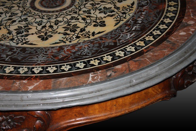 Stunning French Circular Table From The Mid-19th Century, Louis-philippe Style, With A Scagliol-photo-1