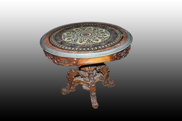 Stunning French Circular Table From The Mid-19th Century, Louis-philippe Style, With A Scagliol