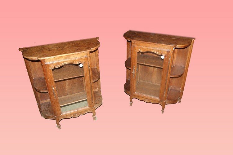 Paire De Belles Vitrines Basses Françaises De La Fin Des Années 1800 En Bois De Chêne