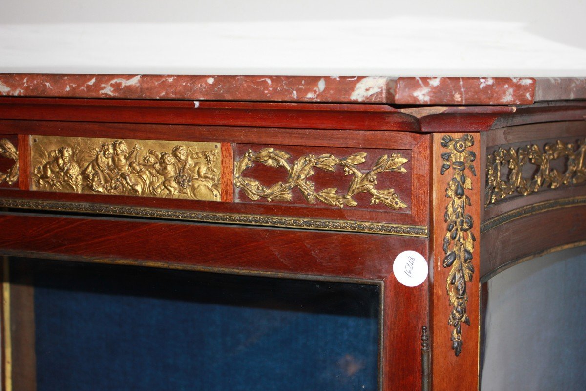 French Display Cabinet In Louis XV Style With Bronze Ornaments And Marble Top, Made Of Mahogany-photo-2