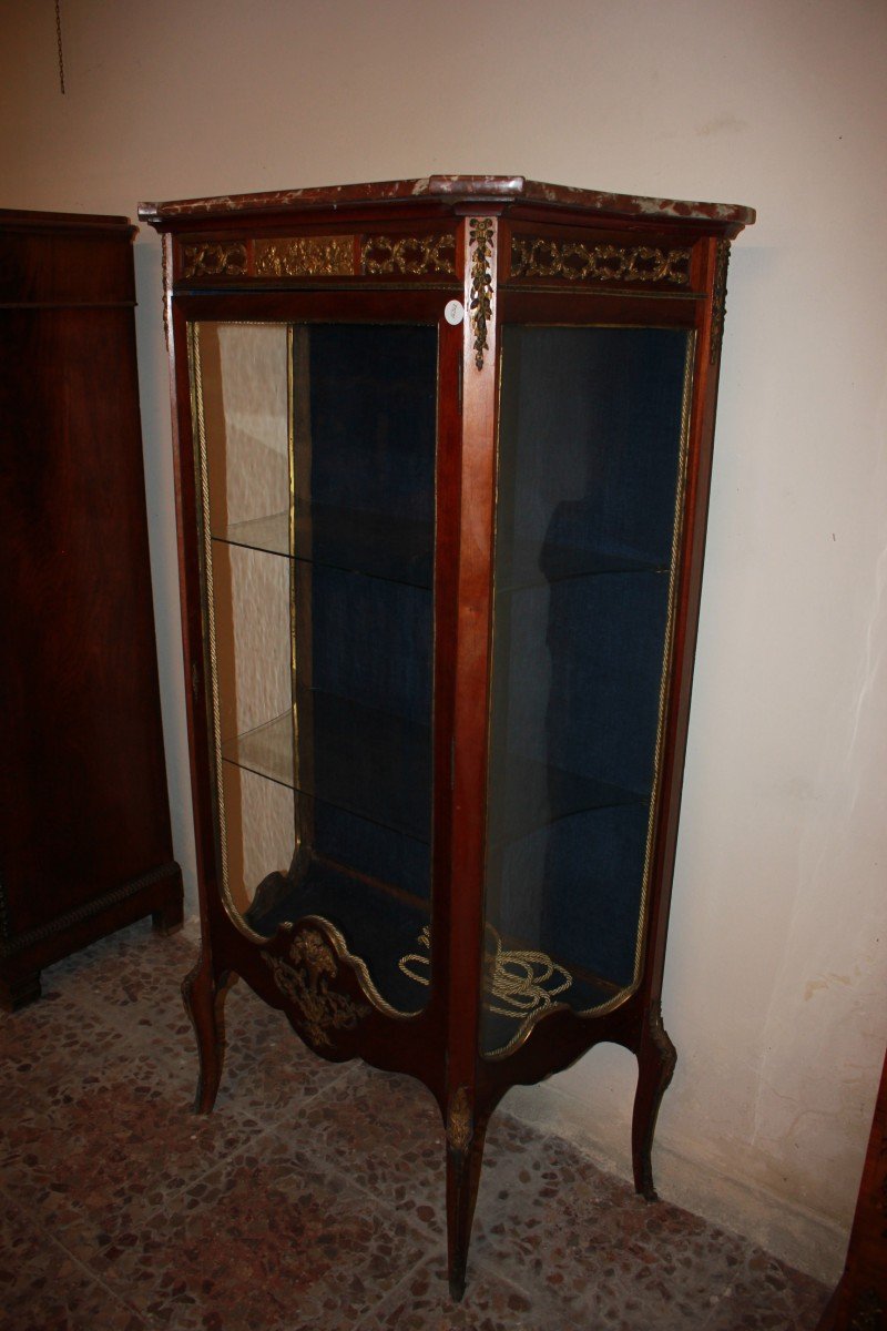 French Display Cabinet In Louis XV Style With Bronze Ornaments And Marble Top, Made Of Mahogany-photo-1