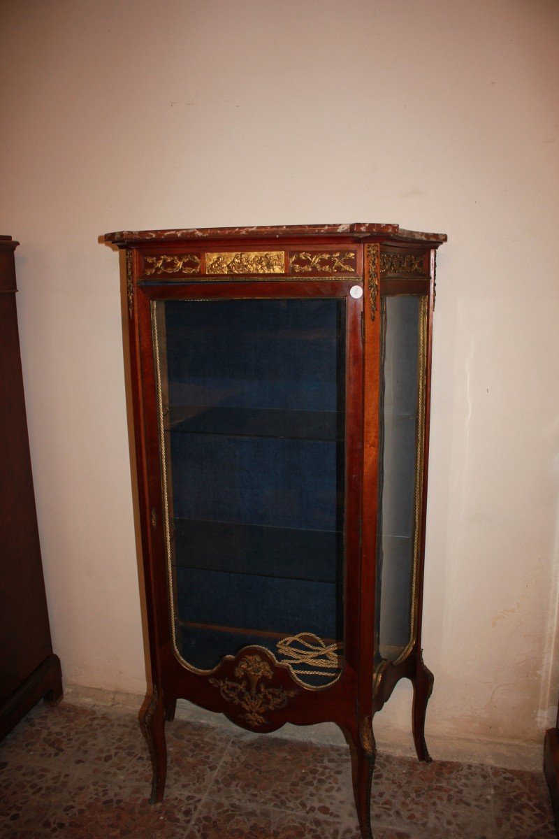 French Display Cabinet In Louis XV Style With Bronze Ornaments And Marble Top, Made Of Mahogany