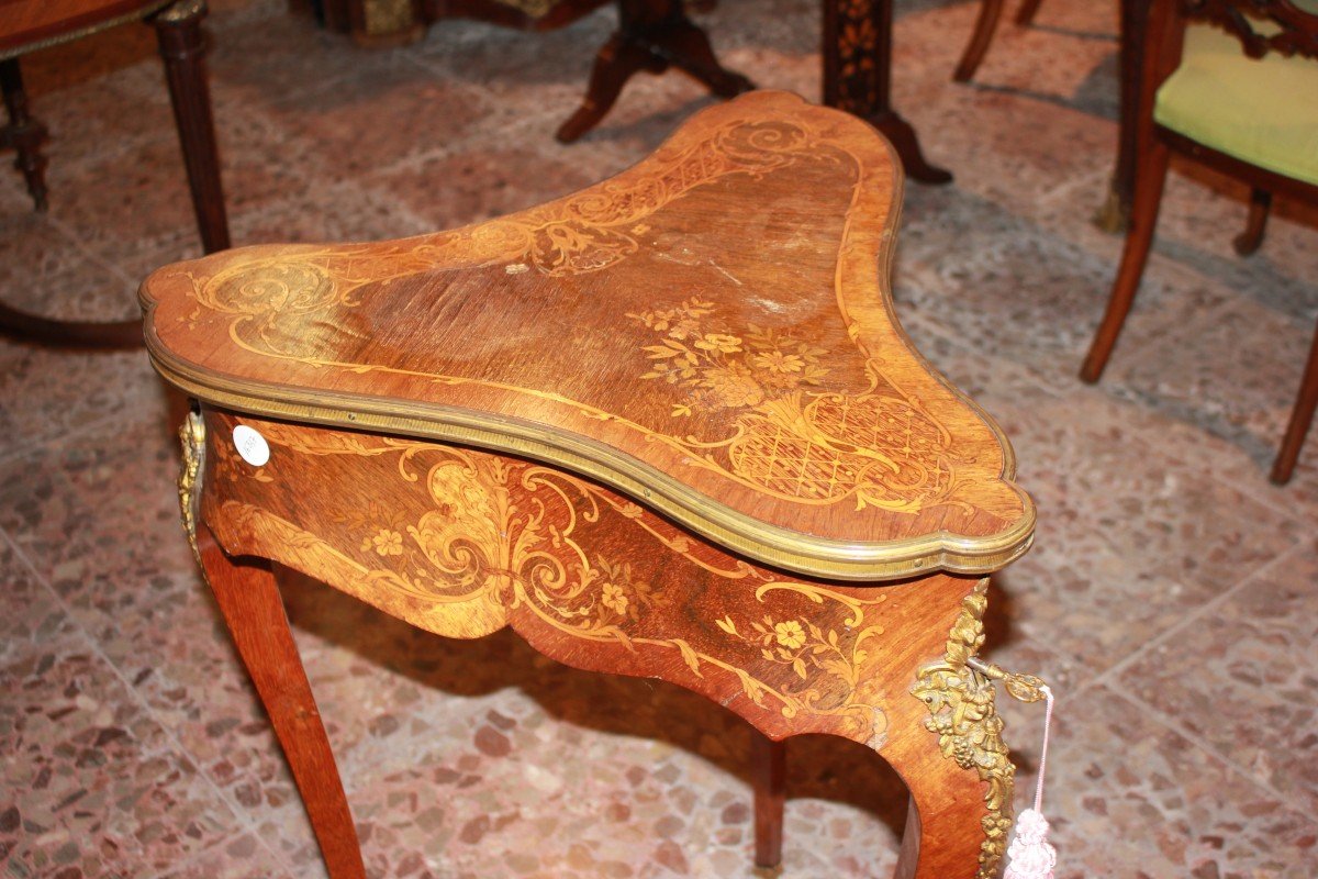 Table Triangulaire Française Style Louis XV, XIXe Siècle, Avec Marqueterie-photo-3