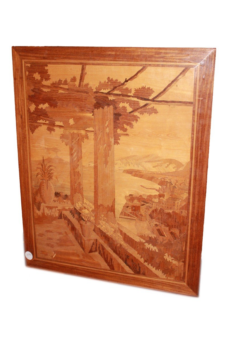 Pair Of Inlaid Wooden Panels Depicting Coastal Landscapes-photo-4