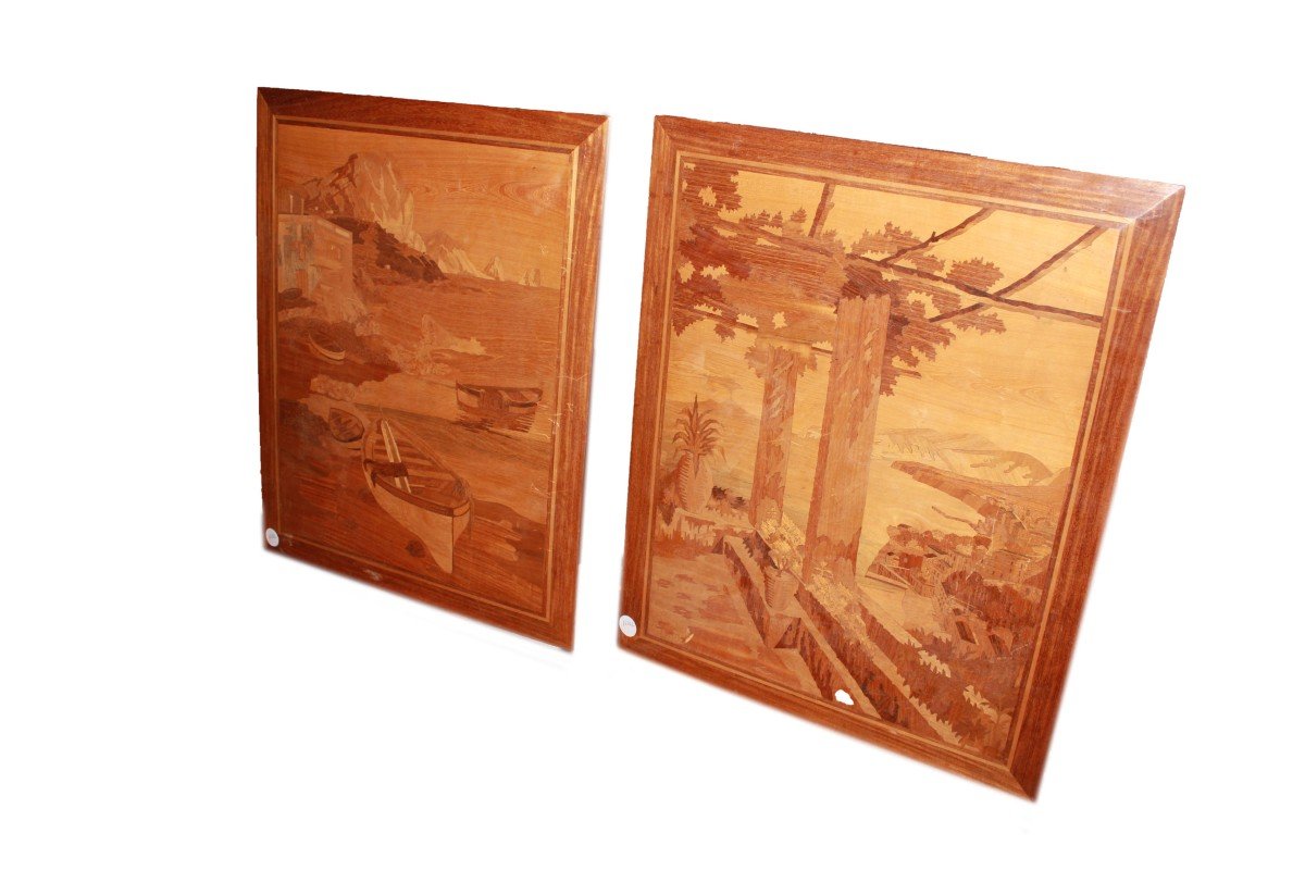 Pair Of Inlaid Wooden Panels Depicting Coastal Landscapes