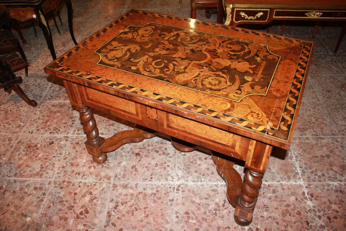 Italian Salon Writing Table From Early 1800s | Richly Inlaid With Polychrome Woods